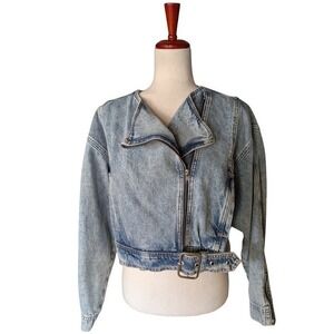 Zara Womens Light Acid Wash Denim Moto Jacket Cropped Belted Blue M 6164/109/406